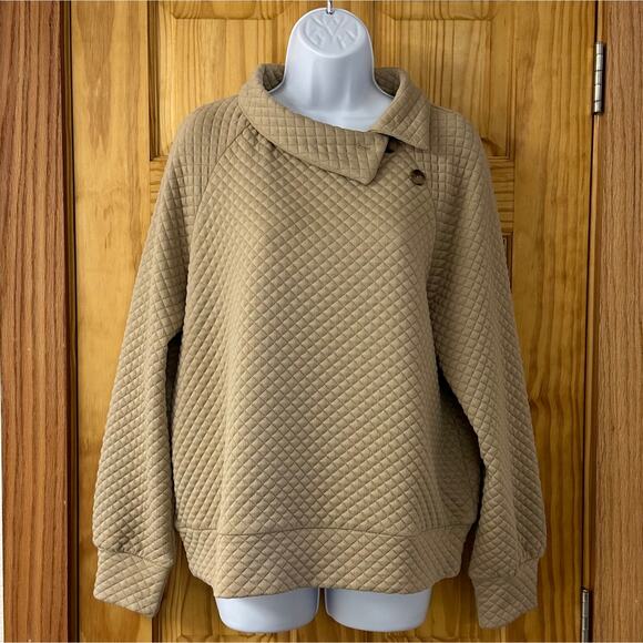 V582 Women’s 2 Way Button Up Cowl Neck or Collared Long Sleeve Sz M Tan Pullover - Picture 4 of 15